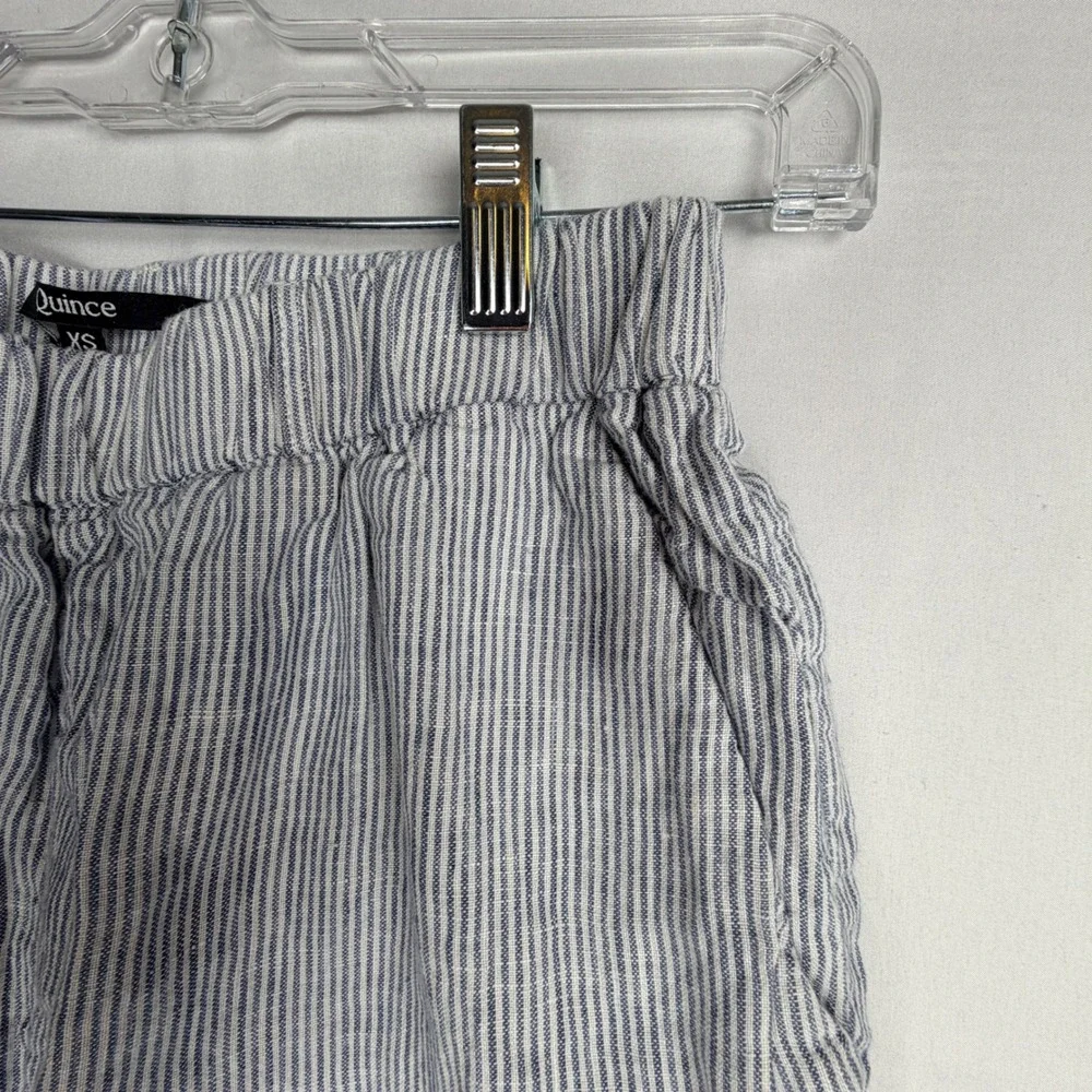 Quince Linen Pants XS Blue White Striped Elastic Waist Straight Leg Trousers